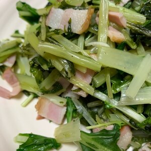 簡単副菜！１分煮るだけ　水菜とベーコンのさっと煮